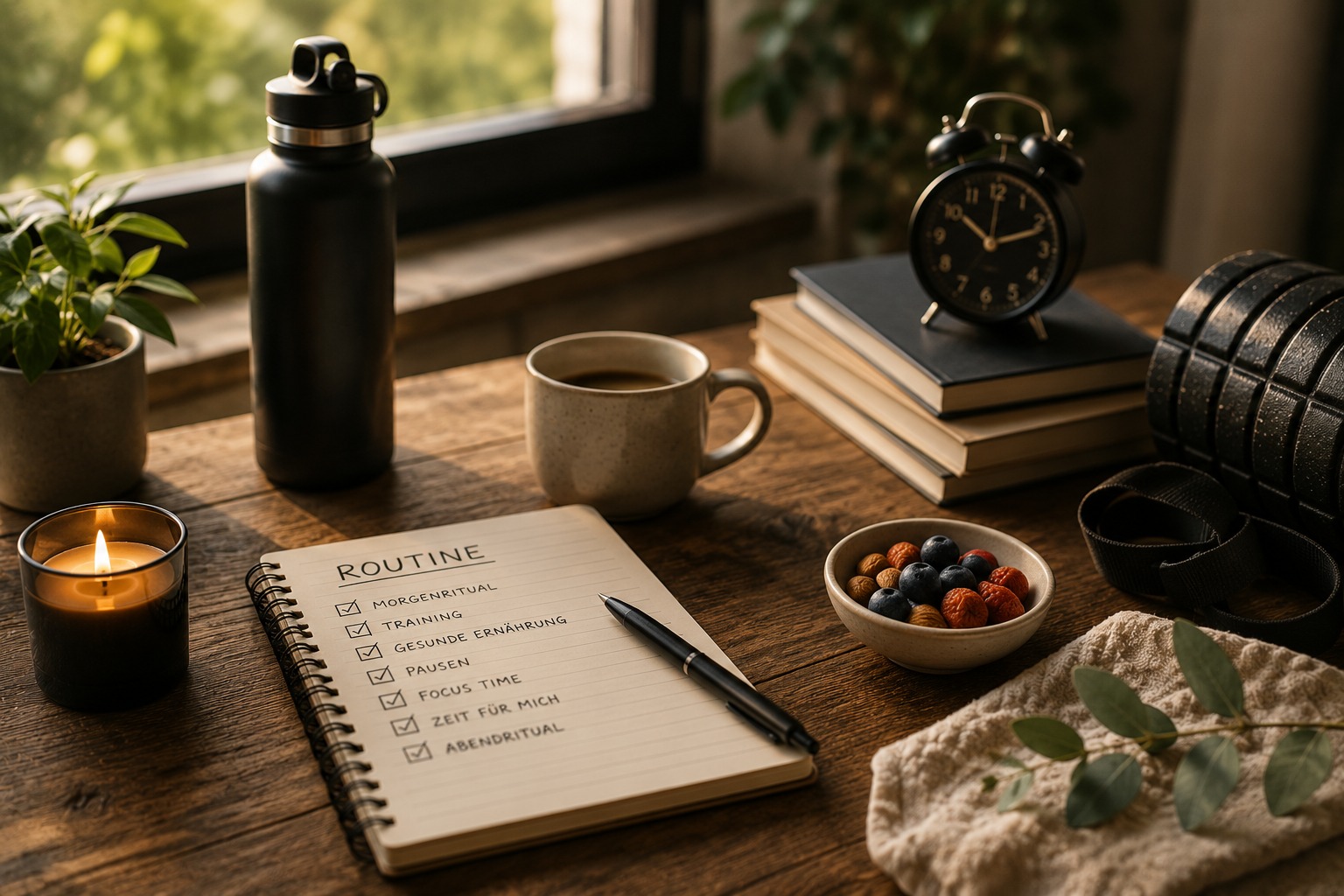 Tägliche Routine-Planung mit Notizbuch, Kaffee und Trainingszubehör
