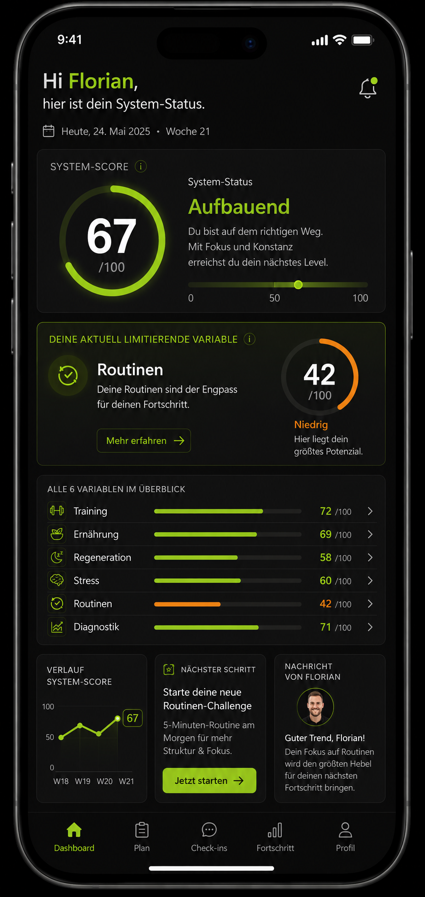 X-Score App auf dem Smartphone – Fortschritt, Variable und Coaching-Übersicht