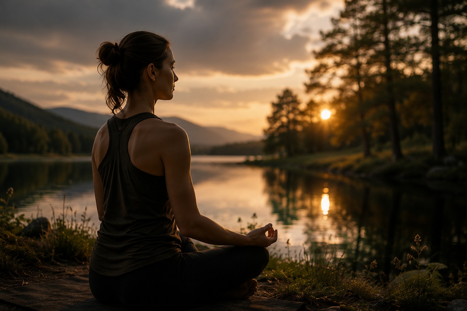 Frau in meditativer Regenerationspose am See bei Sonnenuntergang