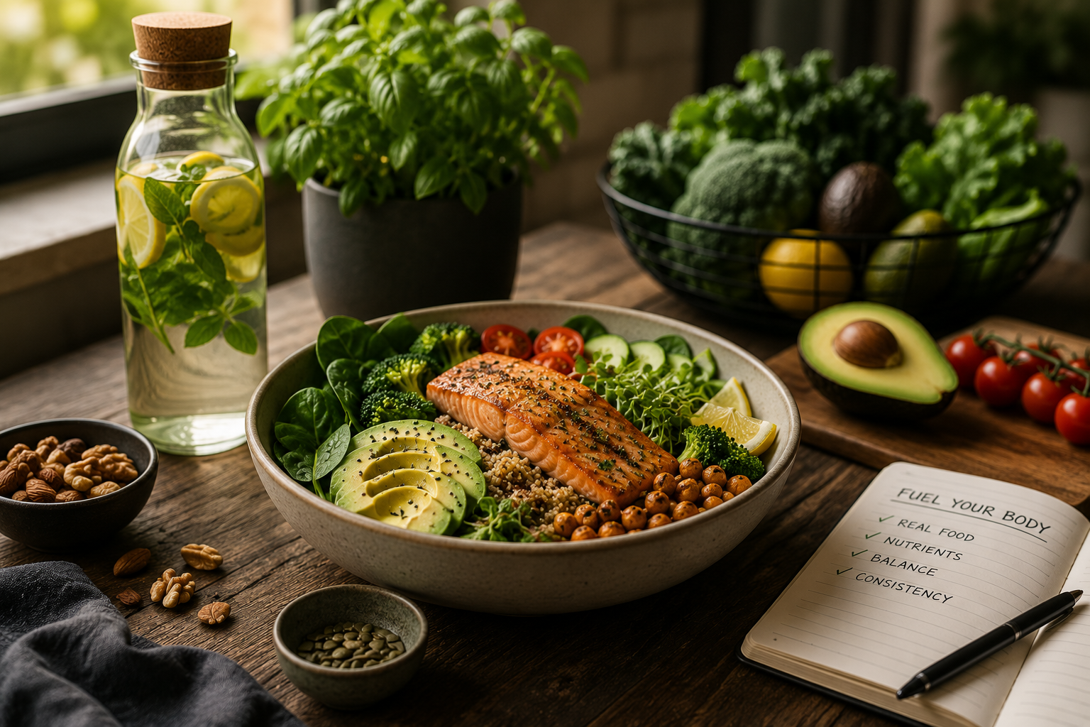 Gesunde Ernährung mit Lachs, Avocado und frischem Gemüse