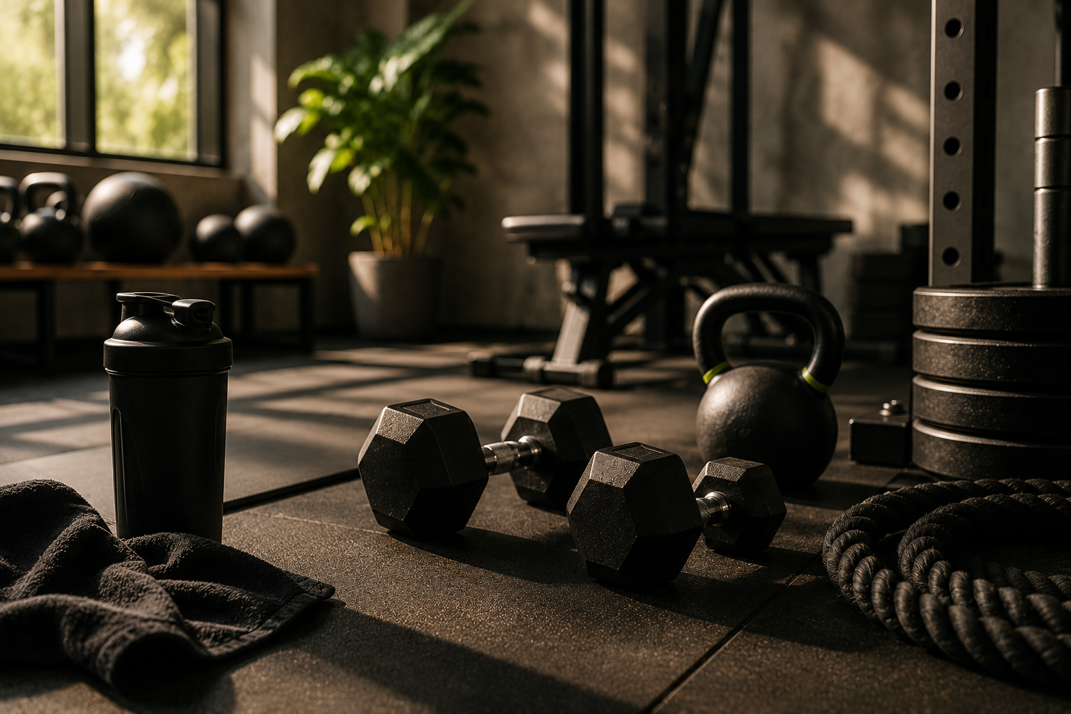 Hanteln, Kettlebell und Trainingsequipment in einem Gym
