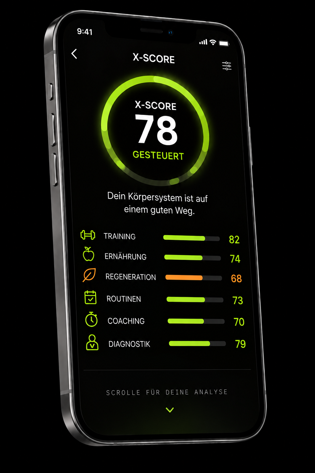X-Score-Auswertung mit Gesamtscore 78 und sechs bewerteten Körperbereichen